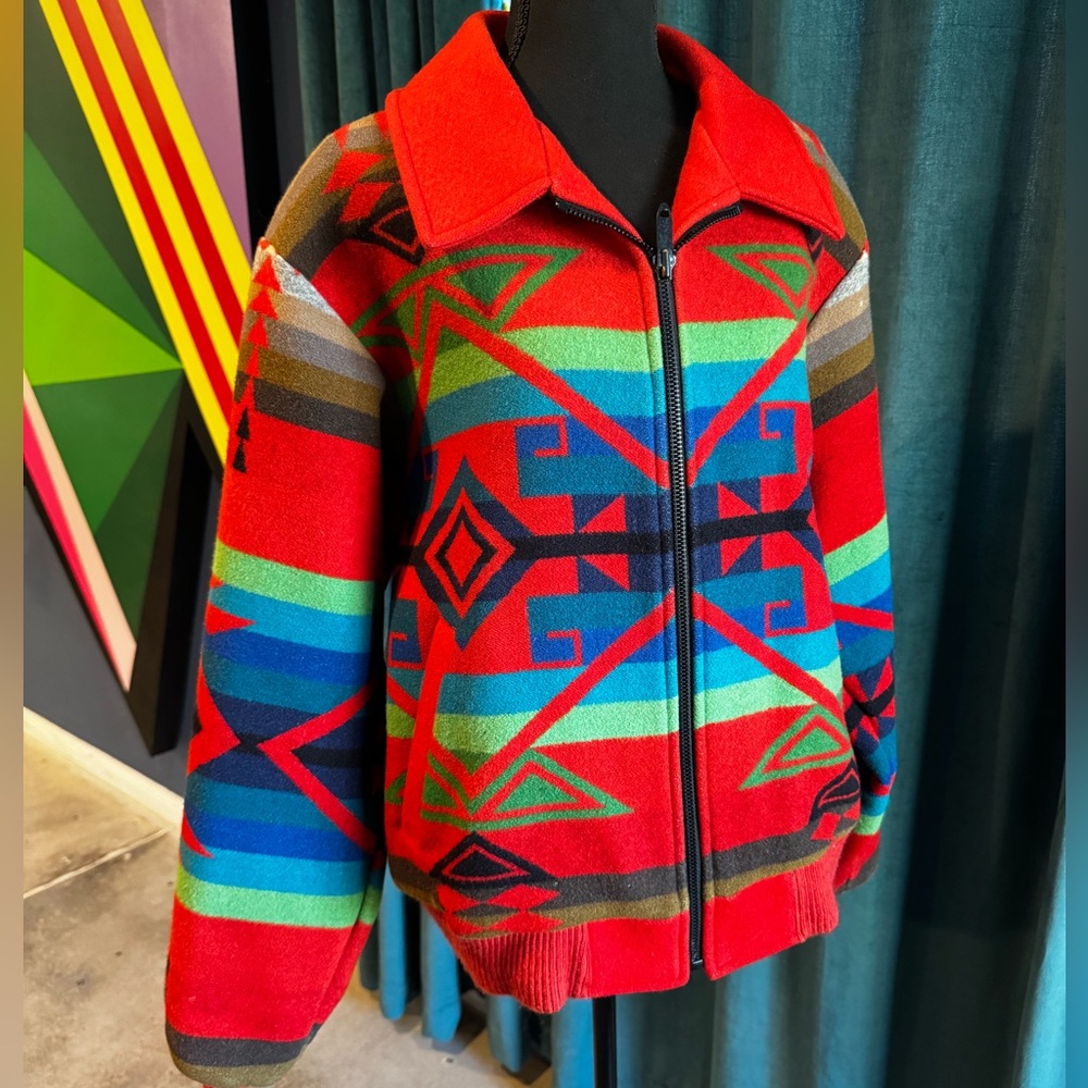 Pendleton High Grade Western Wear Multicolor Red Navajo Print Wool Bomber Jacket
